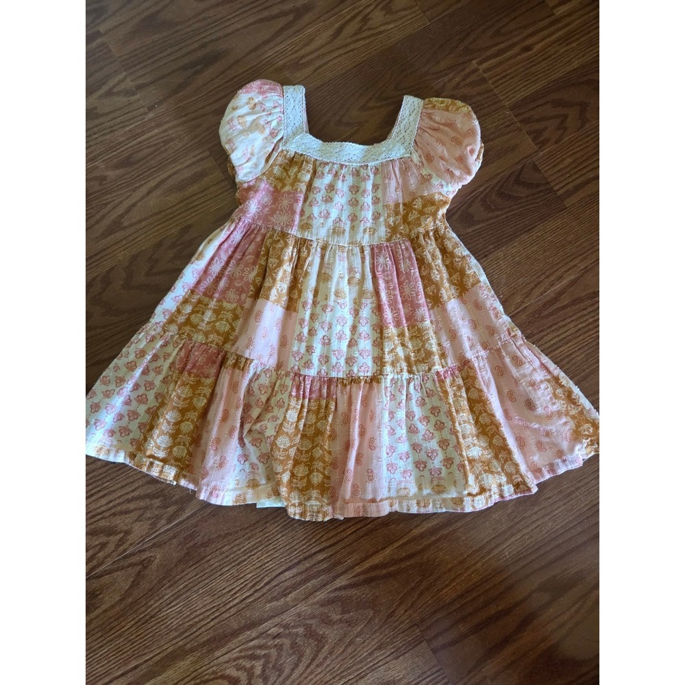Haute Hippie Kids Patchwork Tiered Floral Dress Pink Orange Lace Trim 4T